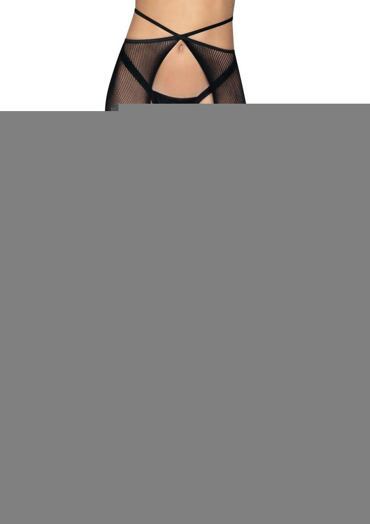 Leg Avenue Micro Net Strappy Waist Crotchless Tights - Black - One Size